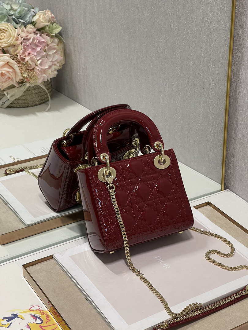 Dior Mini Lady Dior Bag M0505 Maroon Patent Cannage Calfskin