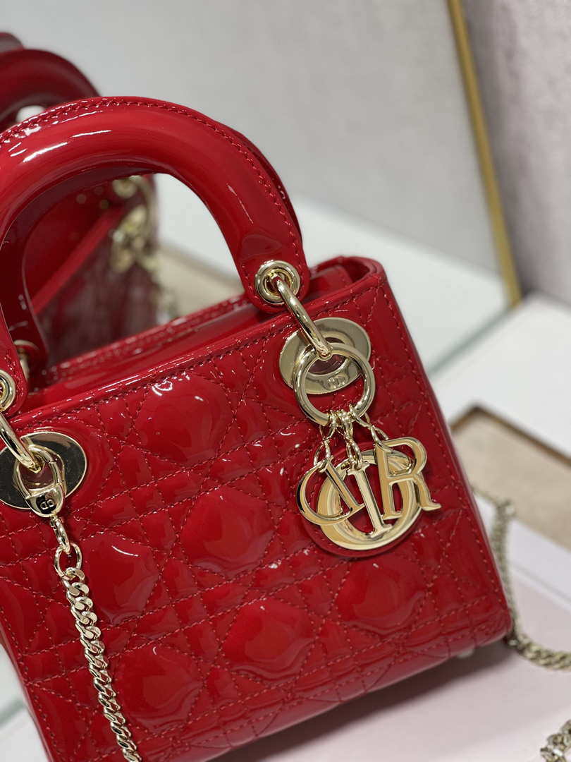 Dior Mini Lady Dior Bag M0505 Cherry red Patent Cannage Calfskin - Default Title - View 3