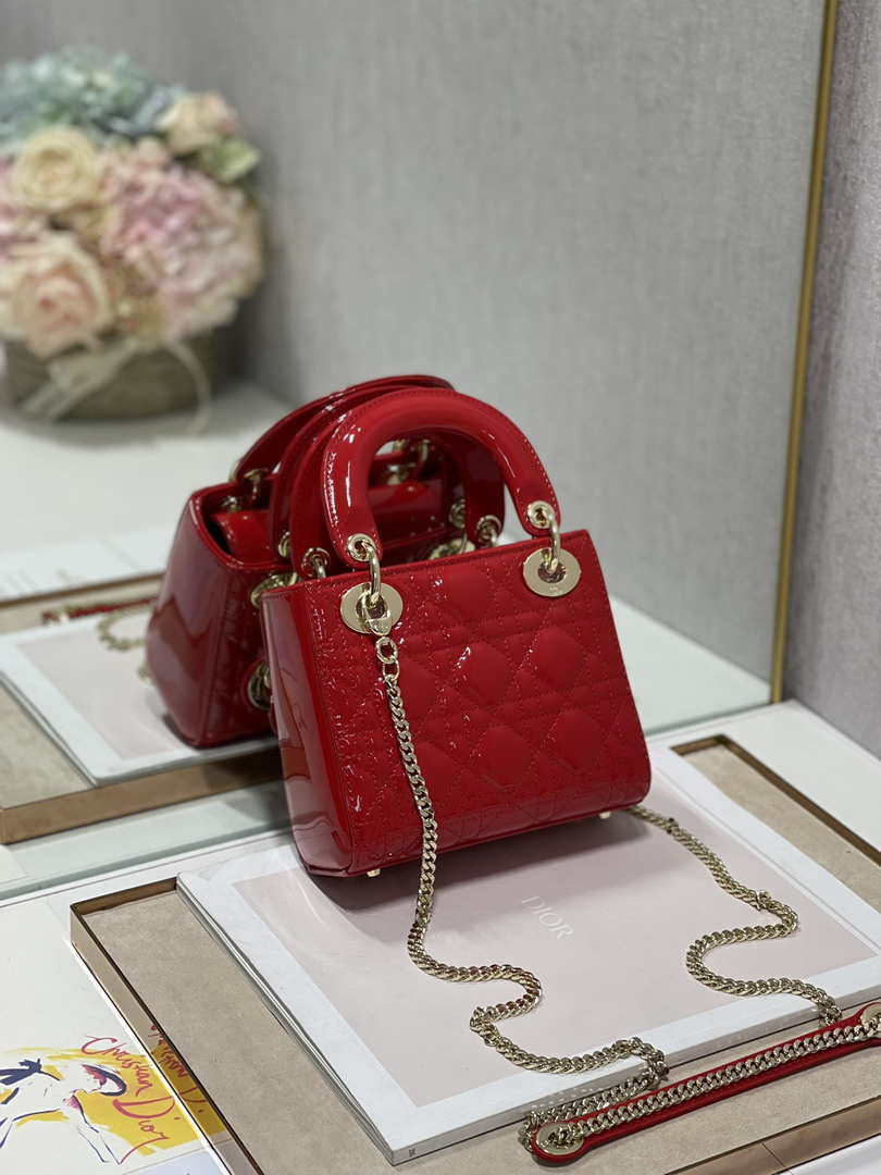 Dior Mini Lady Dior Bag M0505 Cherry red Patent Cannage Calfskin - Default Title - View 1