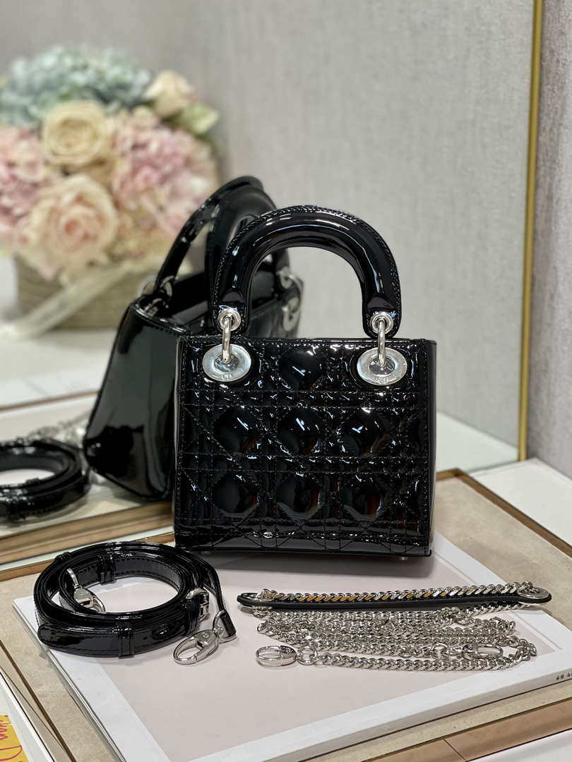 Dior Mini Lady Dior Bag M0505 Black Patent Cannage Calfskin Silver - Default Title - View 1