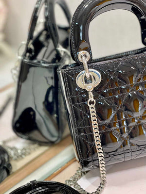Dior Mini Lady Dior Bag M0505 Black Patent Cannage Calfskin Silver - Default Title - View 2