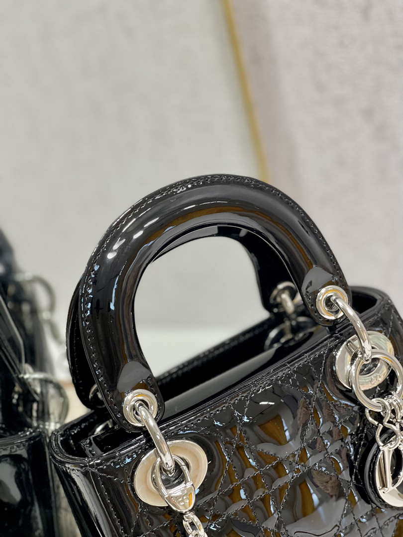 Dior Mini Lady Dior Bag M0505 Black Patent Cannage Calfskin Silver