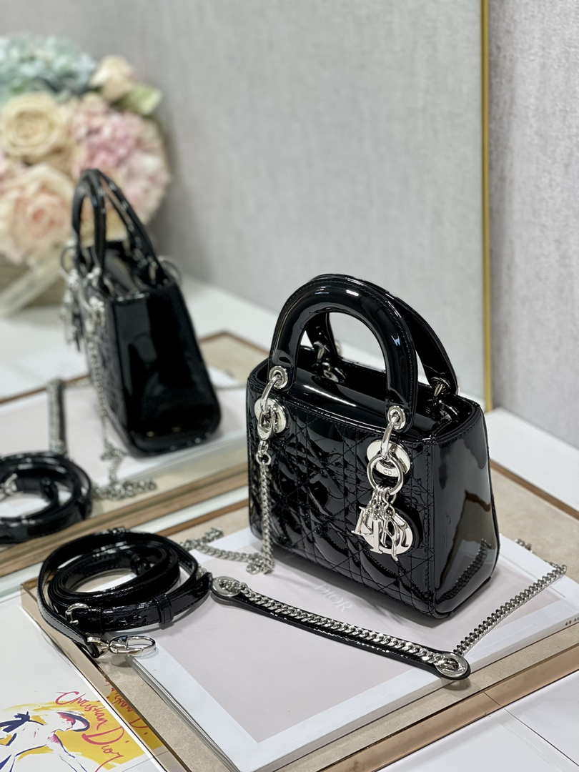 Dior Mini Lady Dior Bag M0505 Black Patent Cannage Calfskin Silver