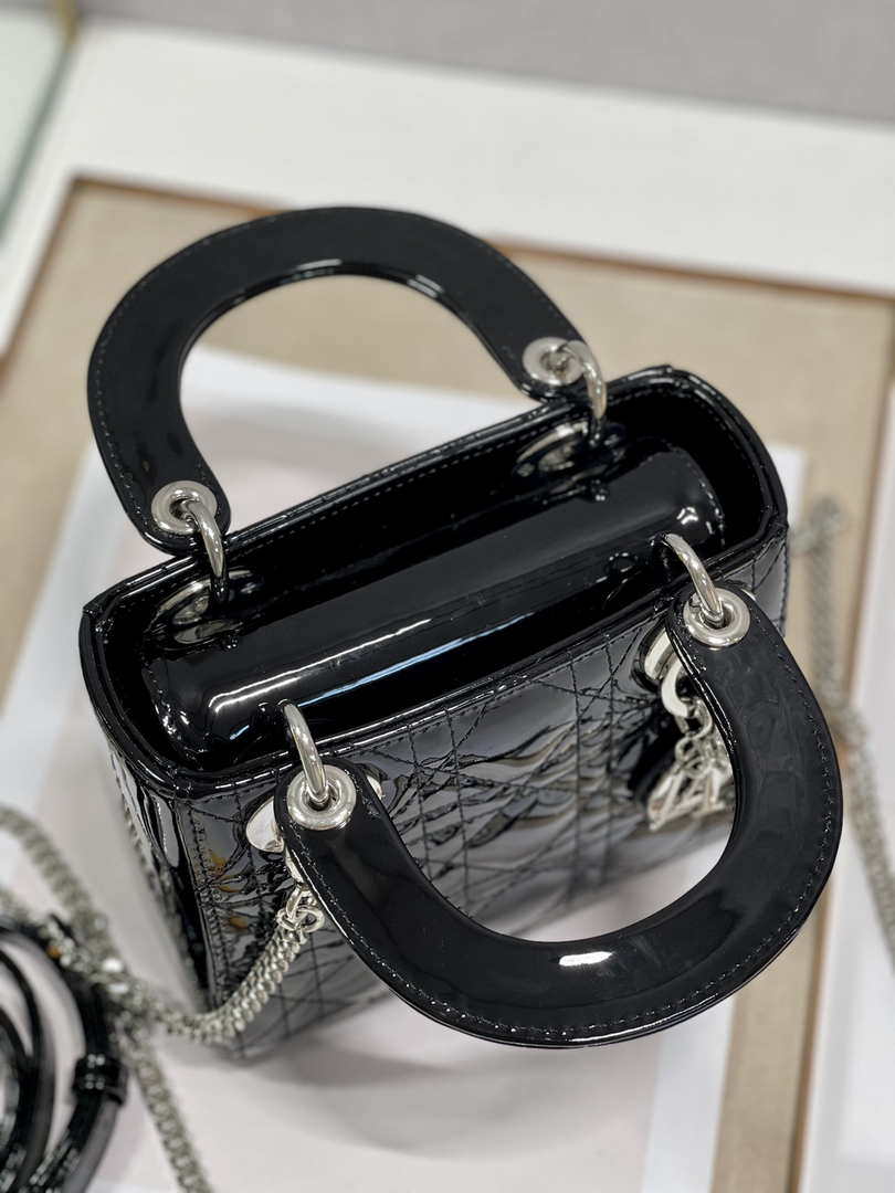 Dior Mini Lady Dior Bag M0505 Black Patent Cannage Calfskin Silver