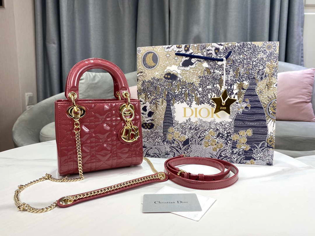 Dior Mini Lady Dior Bag M0505 Hibiscus Powder Patent Cannage Calfskin