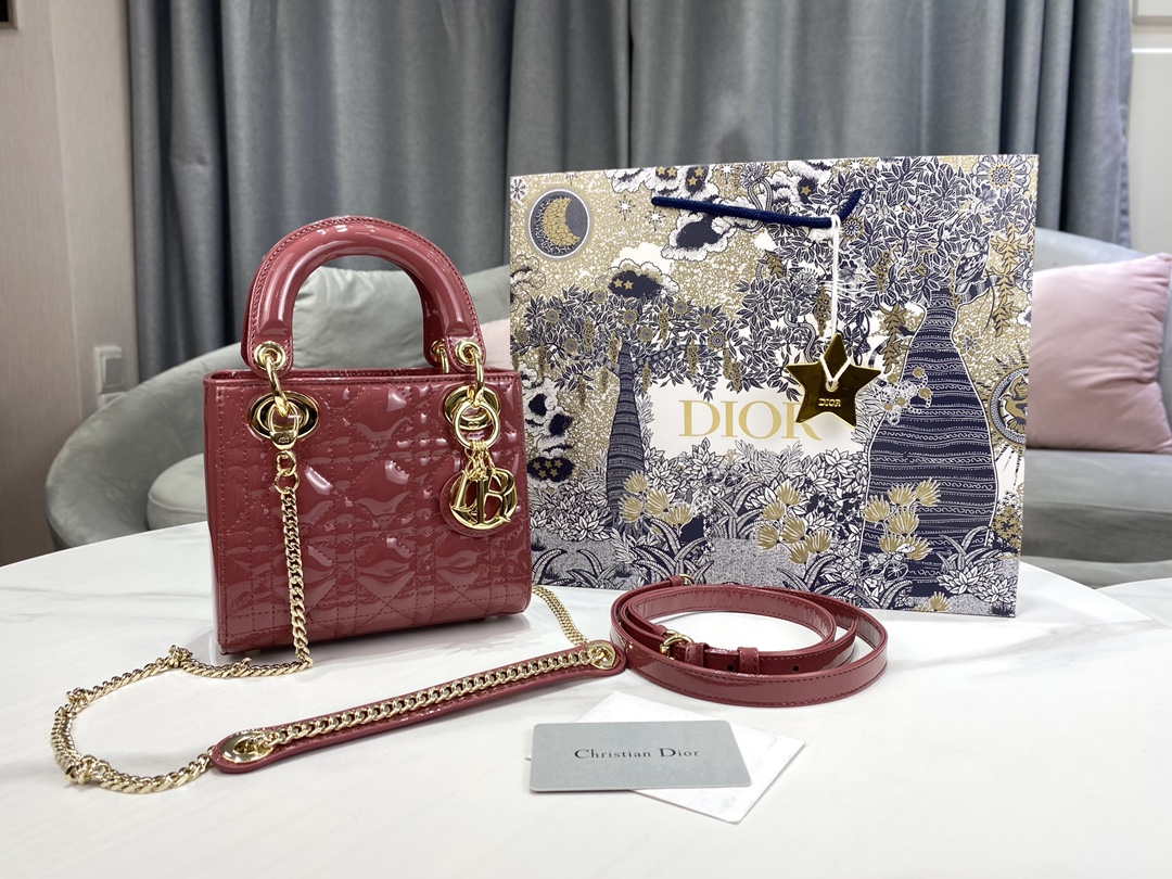 Dior Mini Lady Dior Bag M0505 Hibiscus Powder Patent Cannage Calfskin - Default Title - View 1