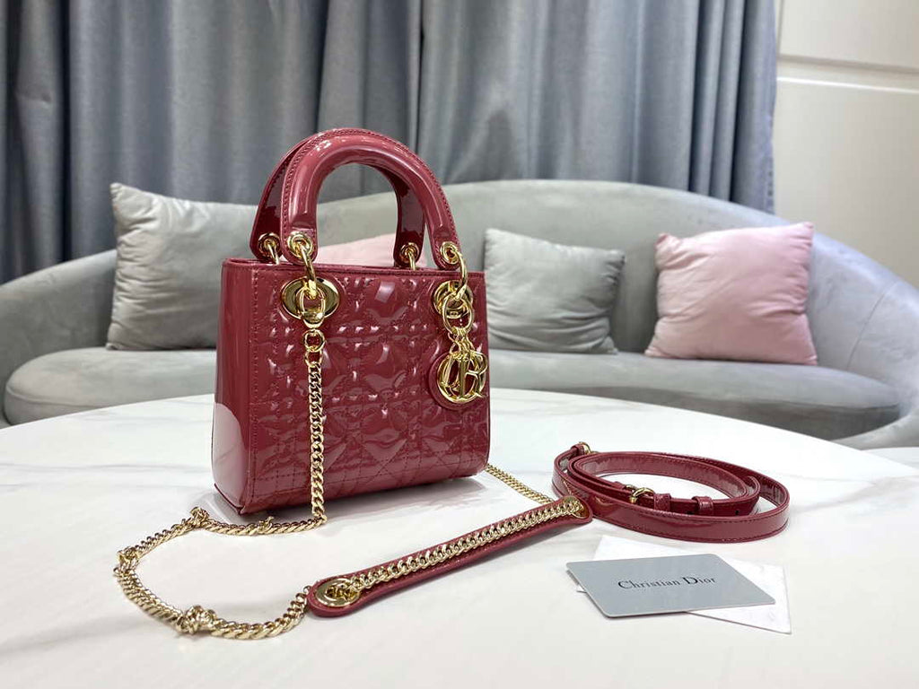 Dior Mini Lady Dior Bag M0505 Hibiscus Powder Patent Cannage Calfskin