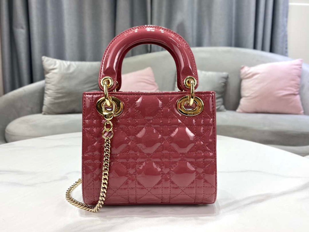 Dior Mini Lady Dior Bag M0505 Hibiscus Powder Patent Cannage Calfskin