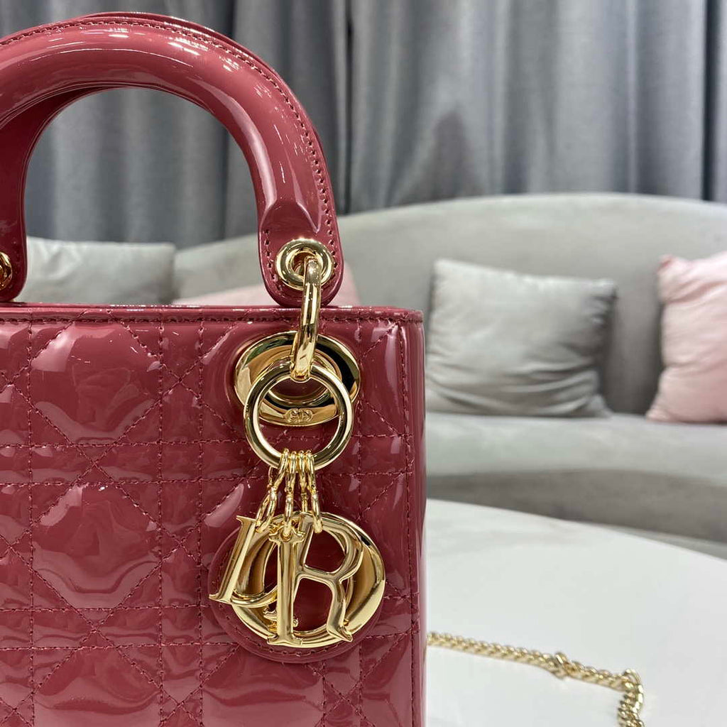 Dior Mini Lady Dior Bag M0505 Hibiscus Powder Patent Cannage Calfskin