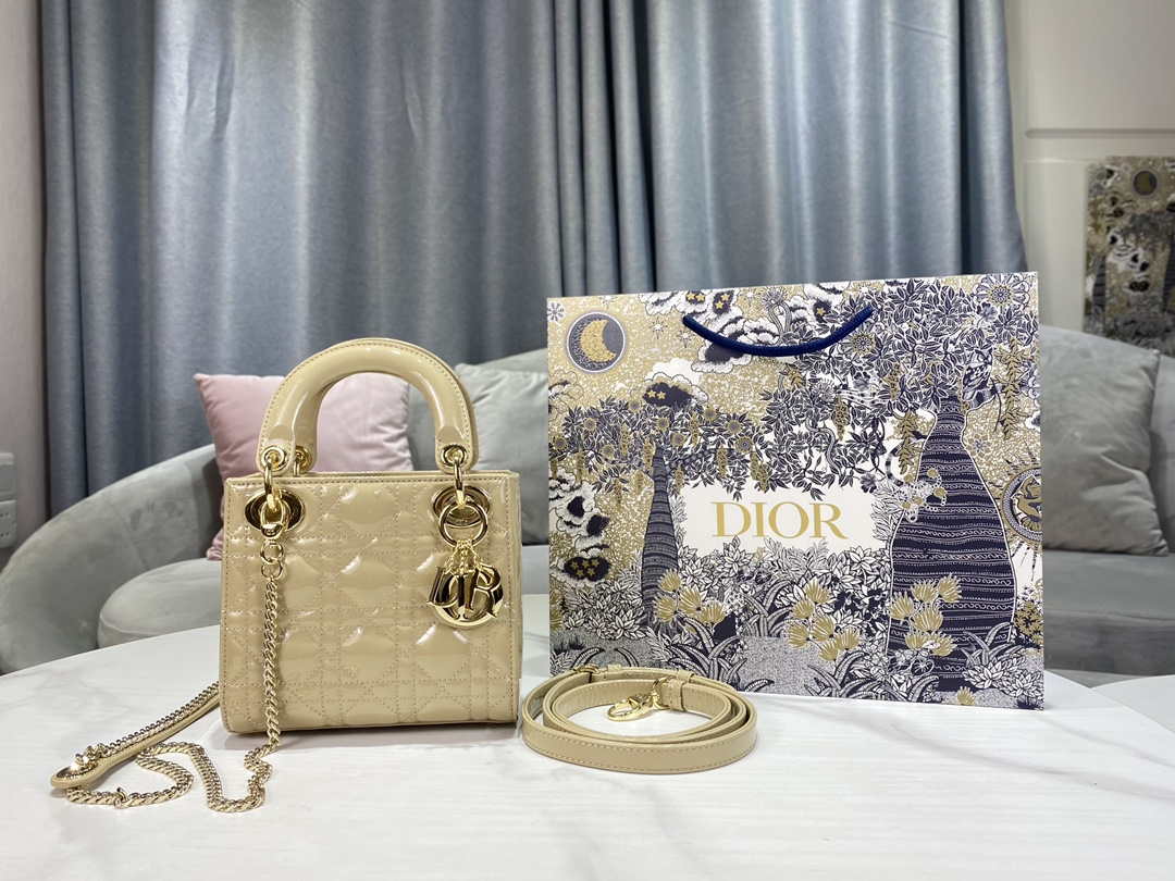 Dior M0505 Mini Lady Dior Bag Apricot Gold Patent Cannage Calfskin - Default Title - View 1