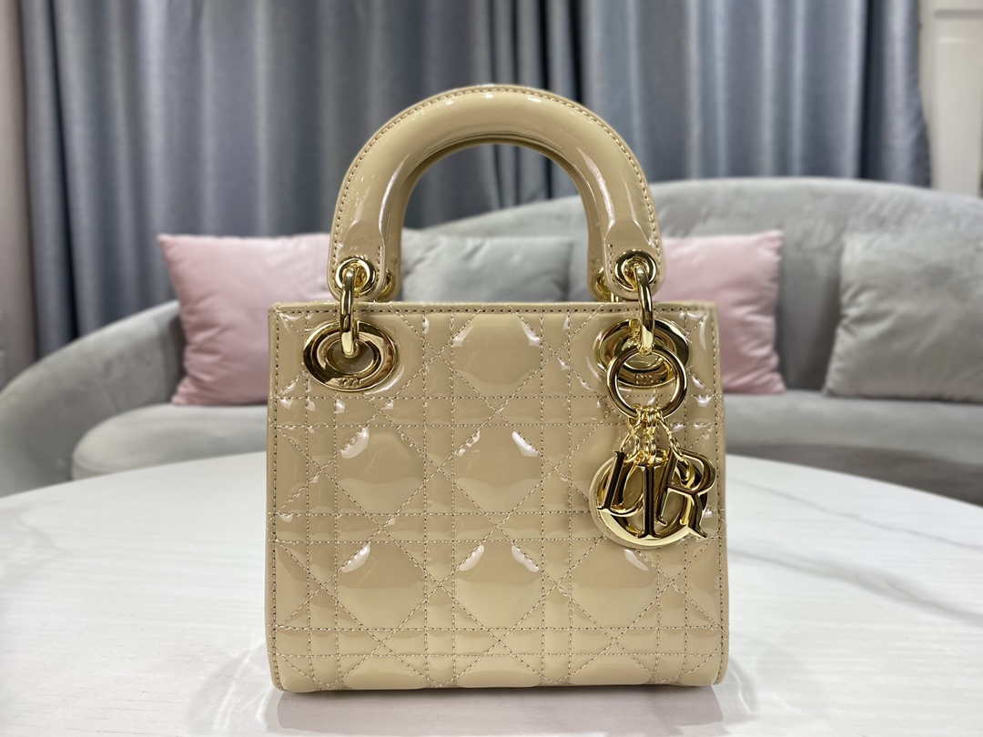 Dior M0505 Mini Lady Dior Bag Apricot Gold Patent Cannage Calfskin