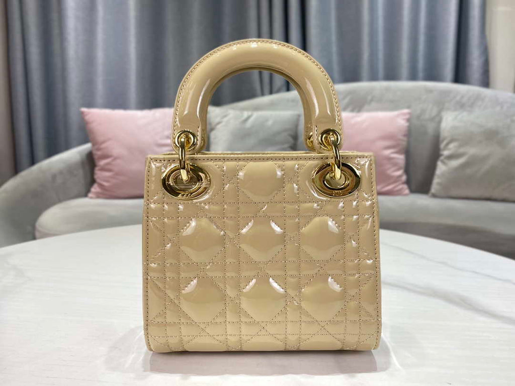 Dior M0505 Mini Lady Dior Bag Apricot Gold Patent Cannage Calfskin