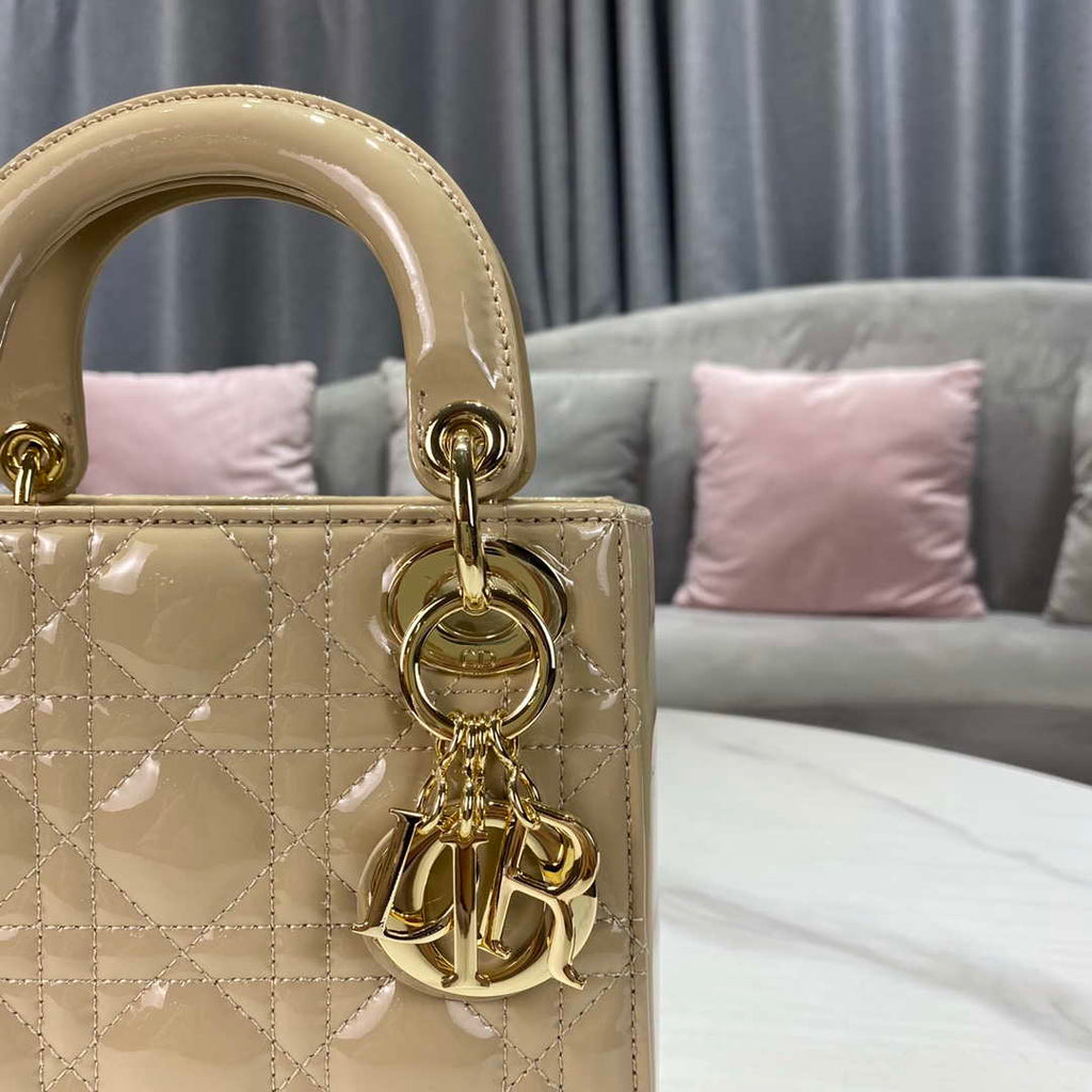 Dior M0505 Mini Lady Dior Bag Apricot Gold Patent Cannage Calfskin