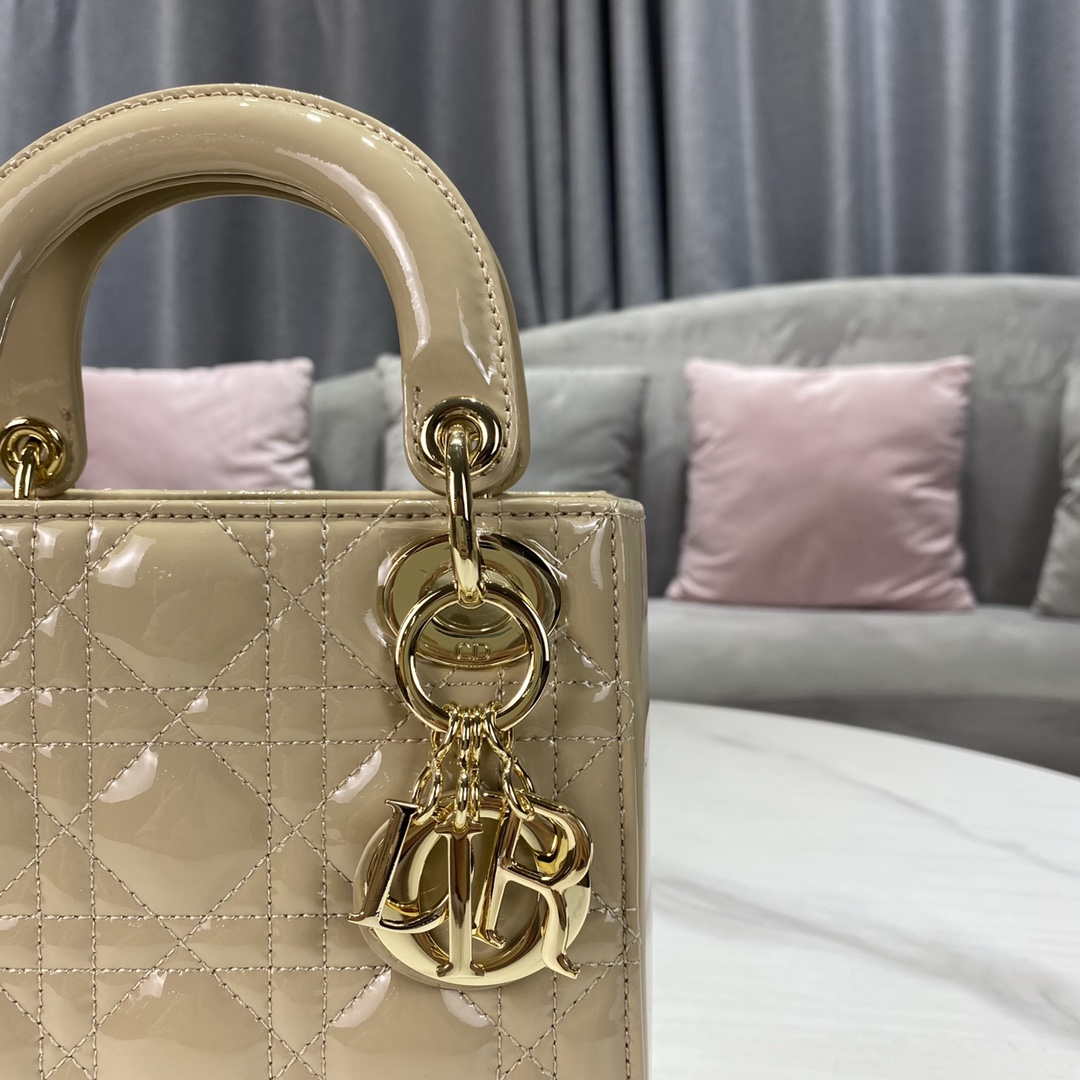 Dior M0505 Mini Lady Dior Bag Apricot Gold Patent Cannage Calfskin