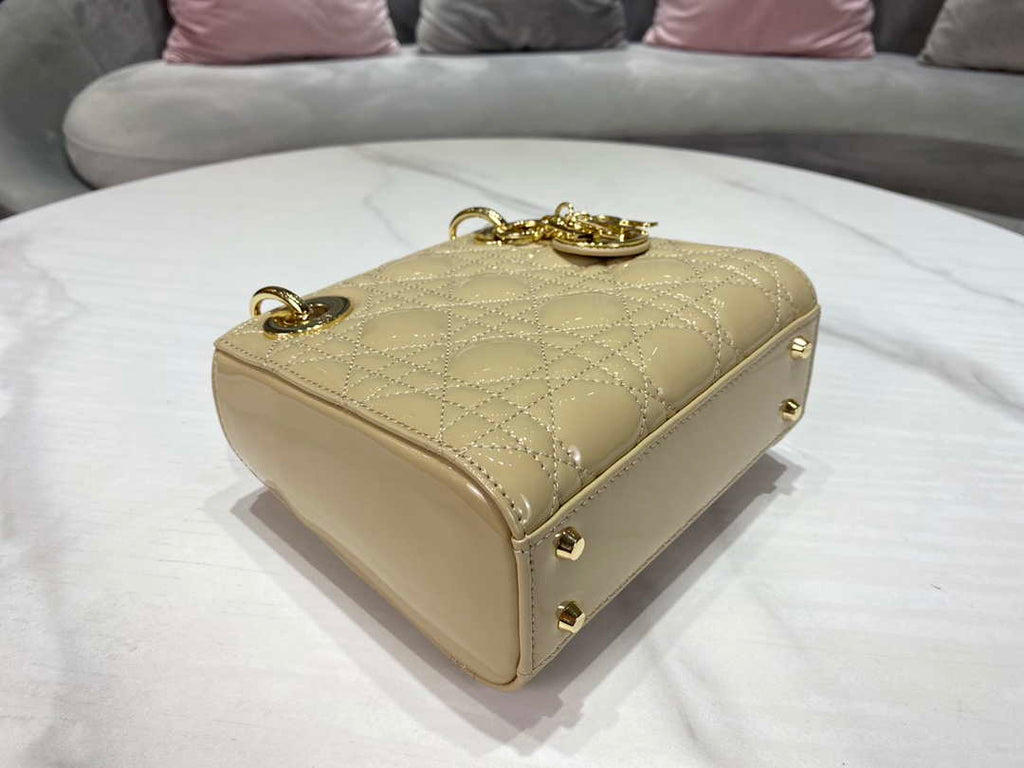 Dior M0505 Mini Lady Dior Bag Apricot Gold Patent Cannage Calfskin