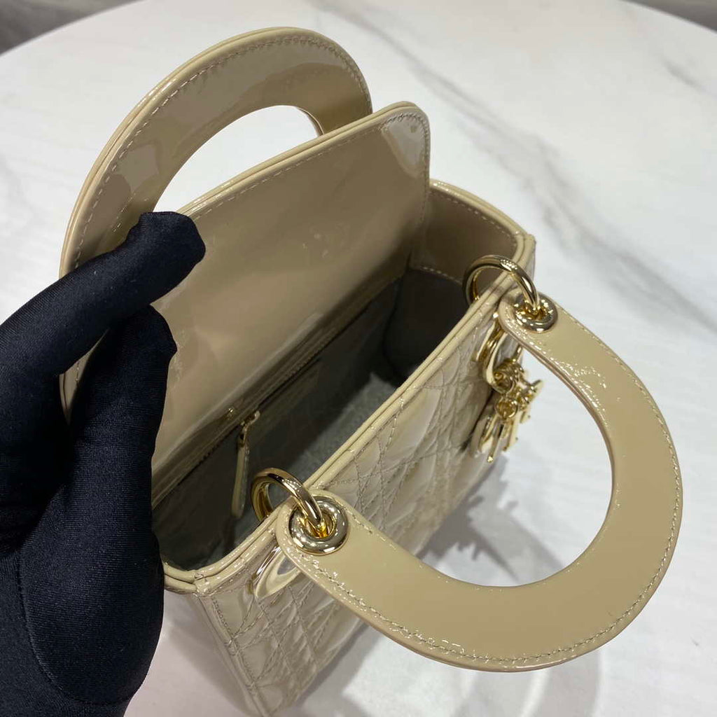 Dior M0505 Mini Lady Dior Bag Apricot Gold Patent Cannage Calfskin