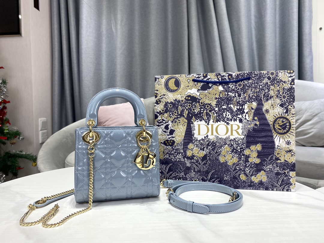 Dior M0505 Mini Lady Dior Bag Sky Blue Patent Cannage Calfskin - Default Title - View 1