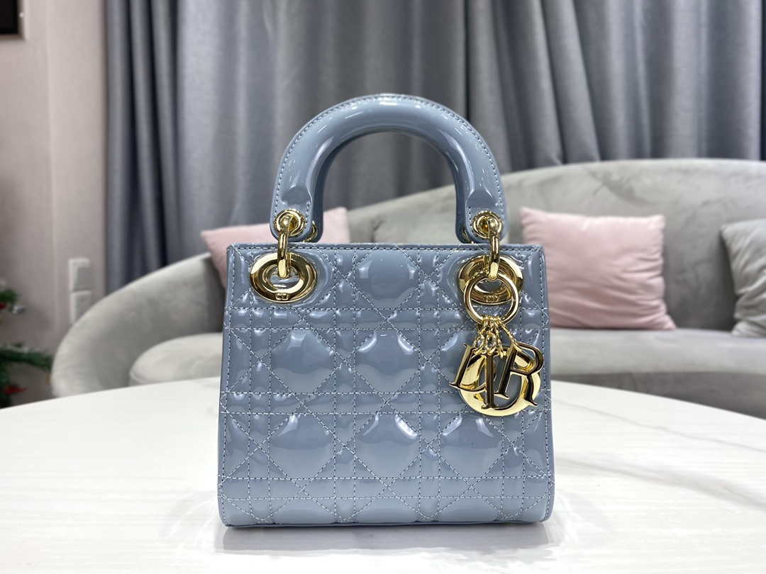 Dior M0505 Mini Lady Dior Bag Sky Blue Patent Cannage Calfskin
