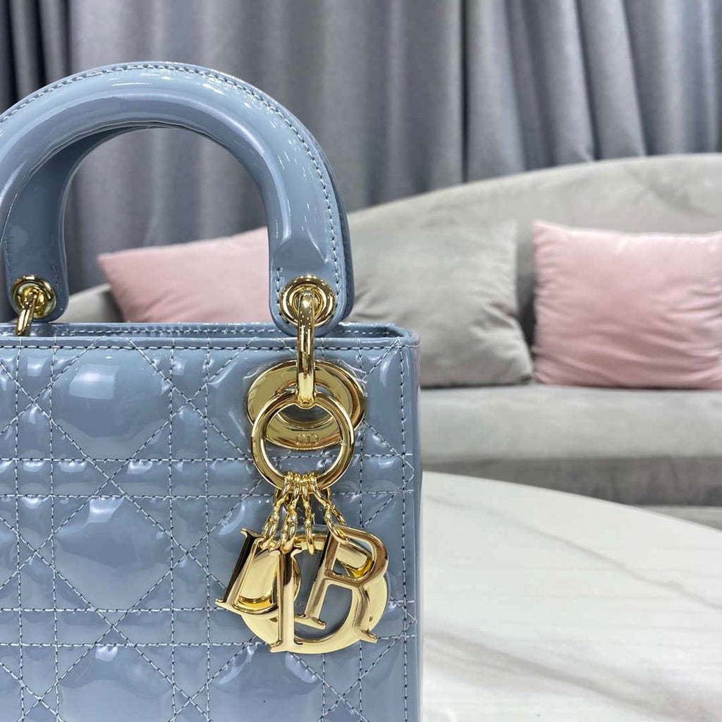 Dior M0505 Mini Lady Dior Bag Sky Blue Patent Cannage Calfskin