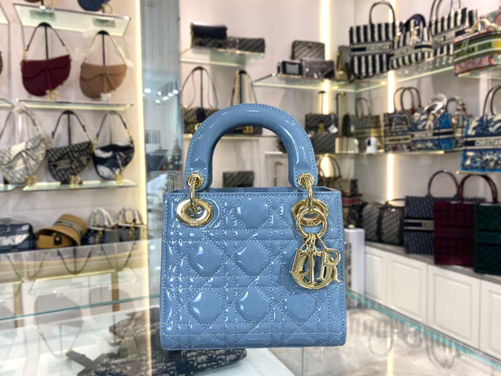 Dior M0505 Mini Lady Dior Bag Sky Blue Patent Cannage Calfskin