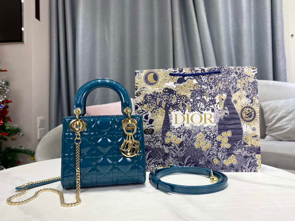 Dior M0505 Mini Lady Dior Bag Navy Blue Patent Cannage Calfskin