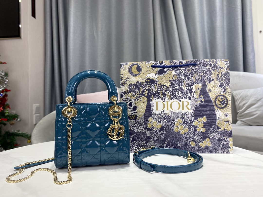 Dior M0505 Mini Lady Dior Bag Navy Blue Patent Cannage Calfskin