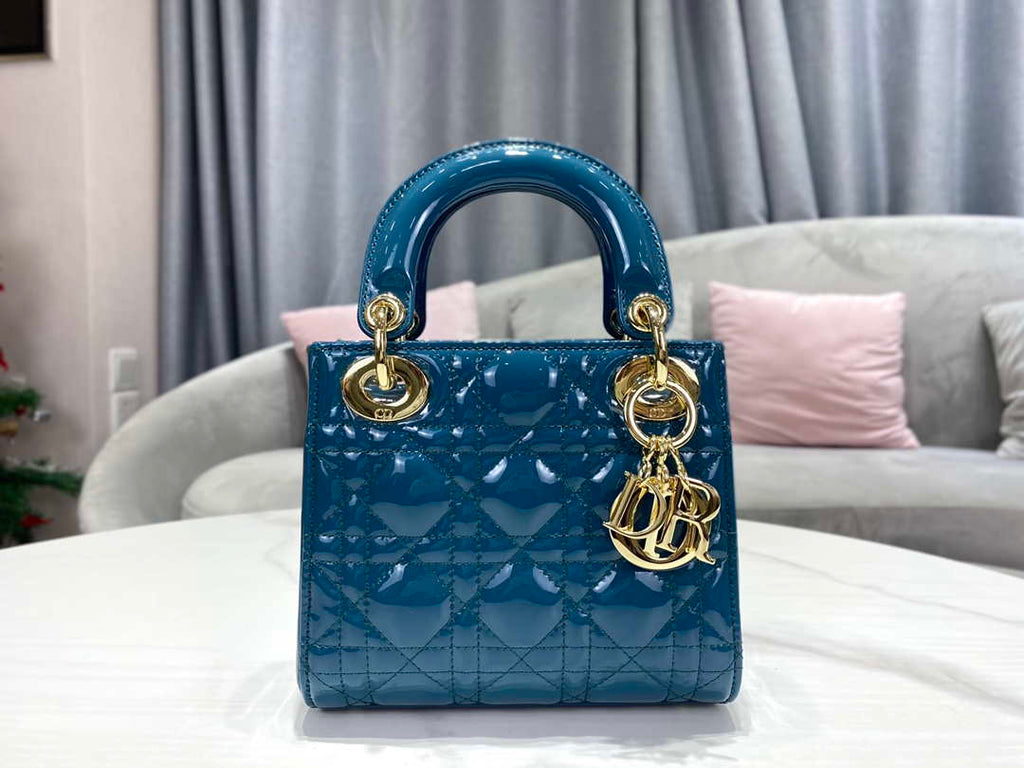 Dior M0505 Mini Lady Dior Bag Navy Blue Patent Cannage Calfskin