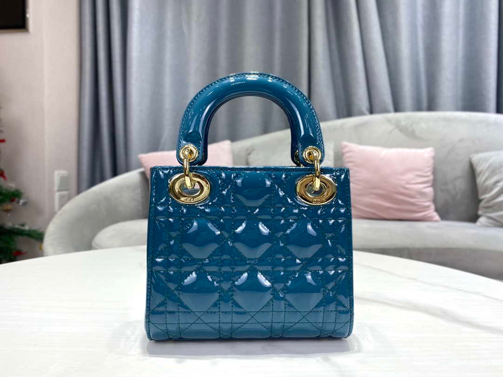 Dior M0505 Mini Lady Dior Bag Navy Blue Patent Cannage Calfskin
