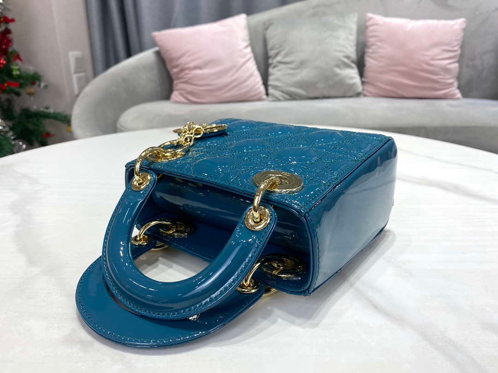 Dior M0505 Mini Lady Dior Bag Navy Blue Patent Cannage Calfskin