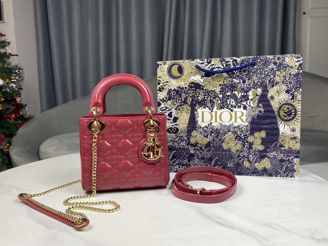Dior M0505 Mini Lady Dior Bag Pink Patent Cannage Calfskin - Default Title - View 1