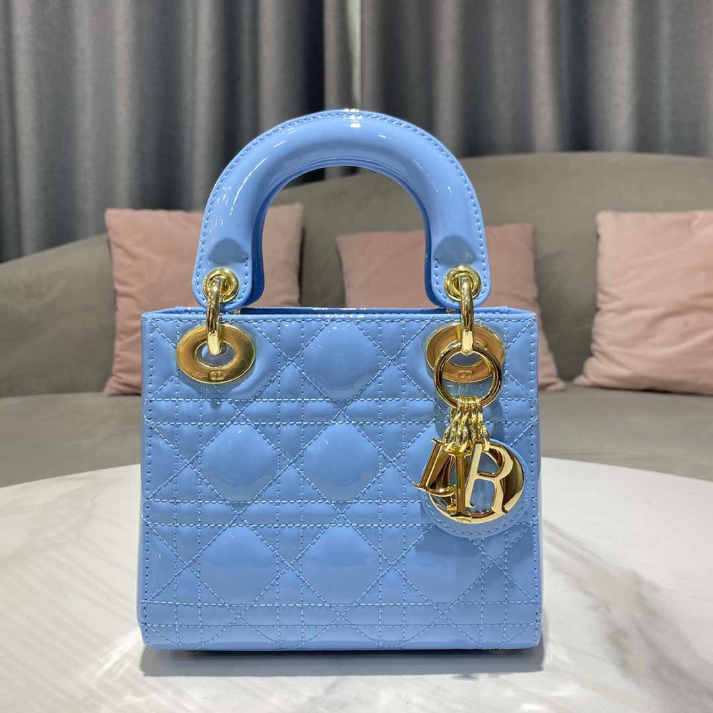 Dior M0505 Mini Lady Dior Bag chrysanthemum Blue Patent Cannage Calfskin