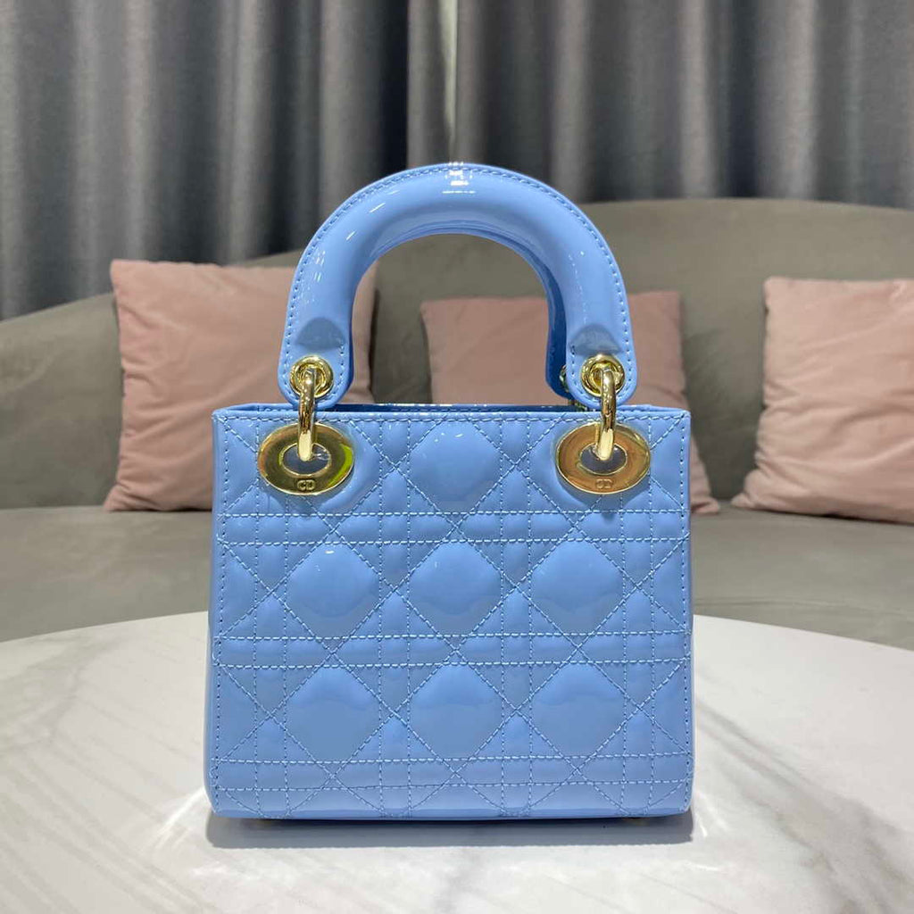 Dior M0505 Mini Lady Dior Bag chrysanthemum Blue Patent Cannage Calfskin