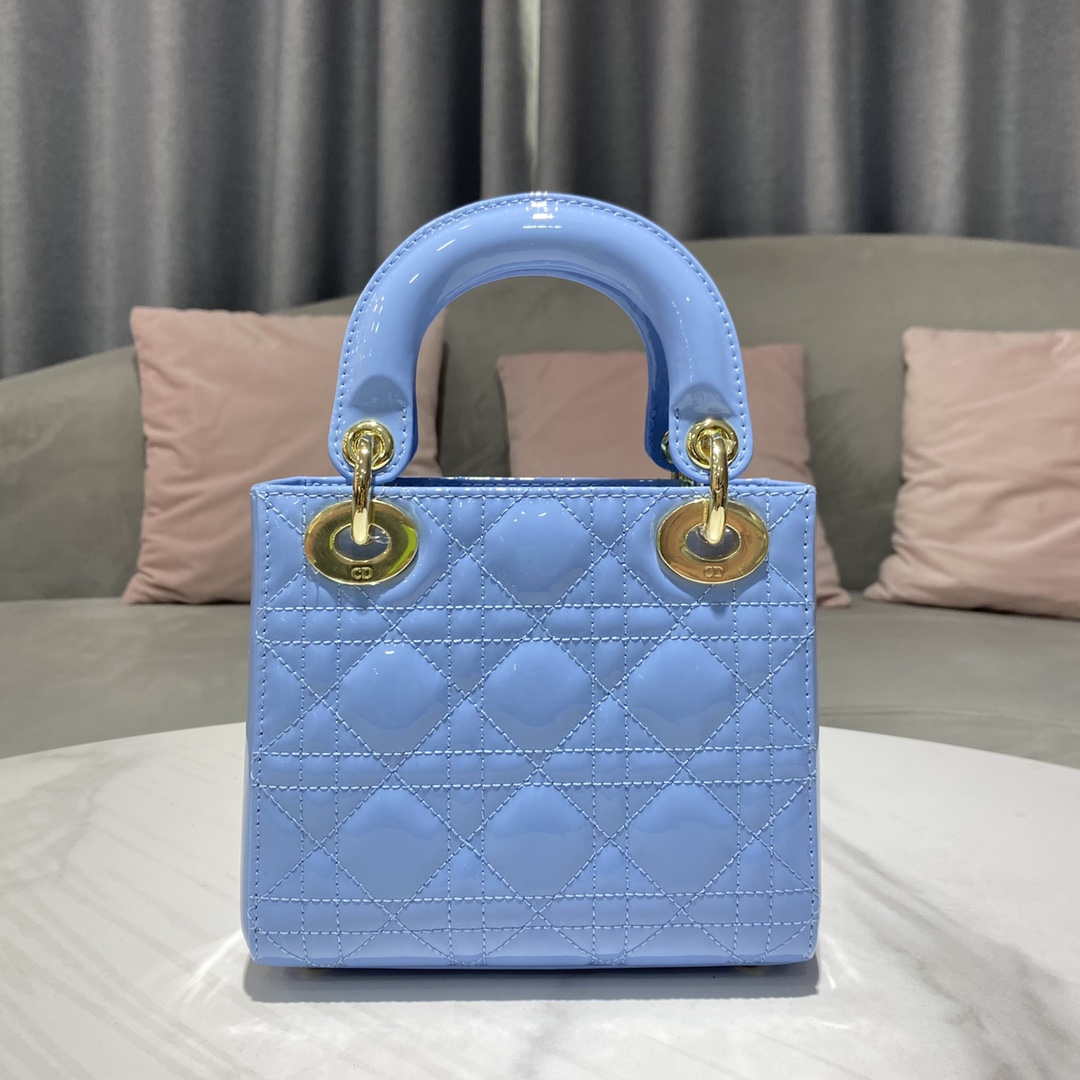 Dior M0505 Mini Lady Dior Bag chrysanthemum Blue Patent Cannage Calfskin - Default Title - View 3