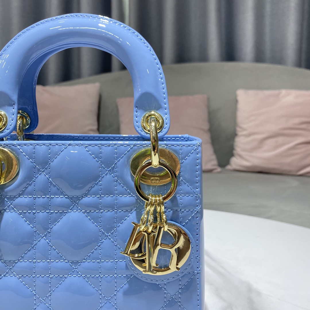 Dior M0505 Mini Lady Dior Bag chrysanthemum Blue Patent Cannage Calfskin