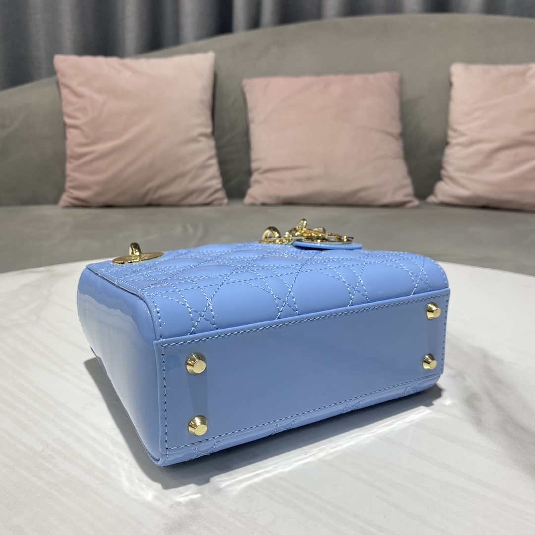 Dior M0505 Mini Lady Dior Bag chrysanthemum Blue Patent Cannage Calfskin