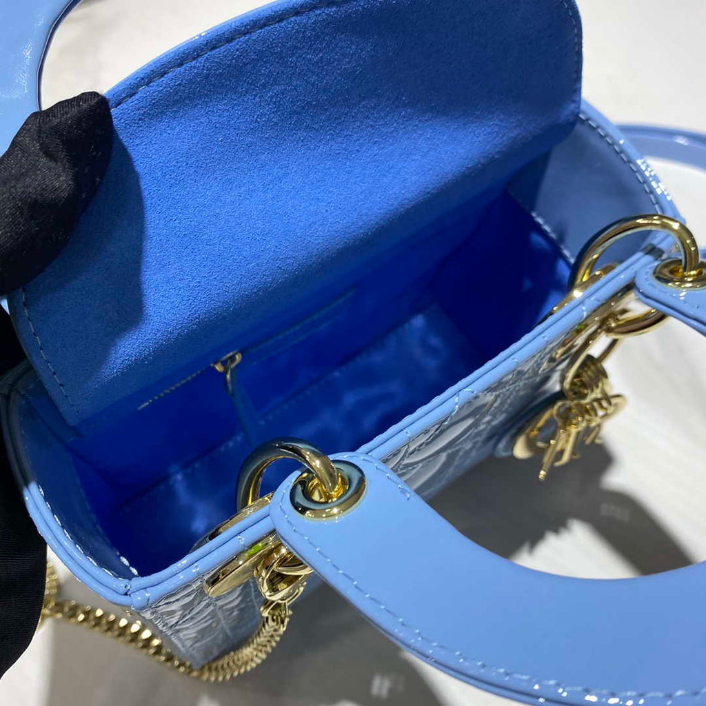 Dior M0505 Mini Lady Dior Bag chrysanthemum Blue Patent Cannage Calfskin