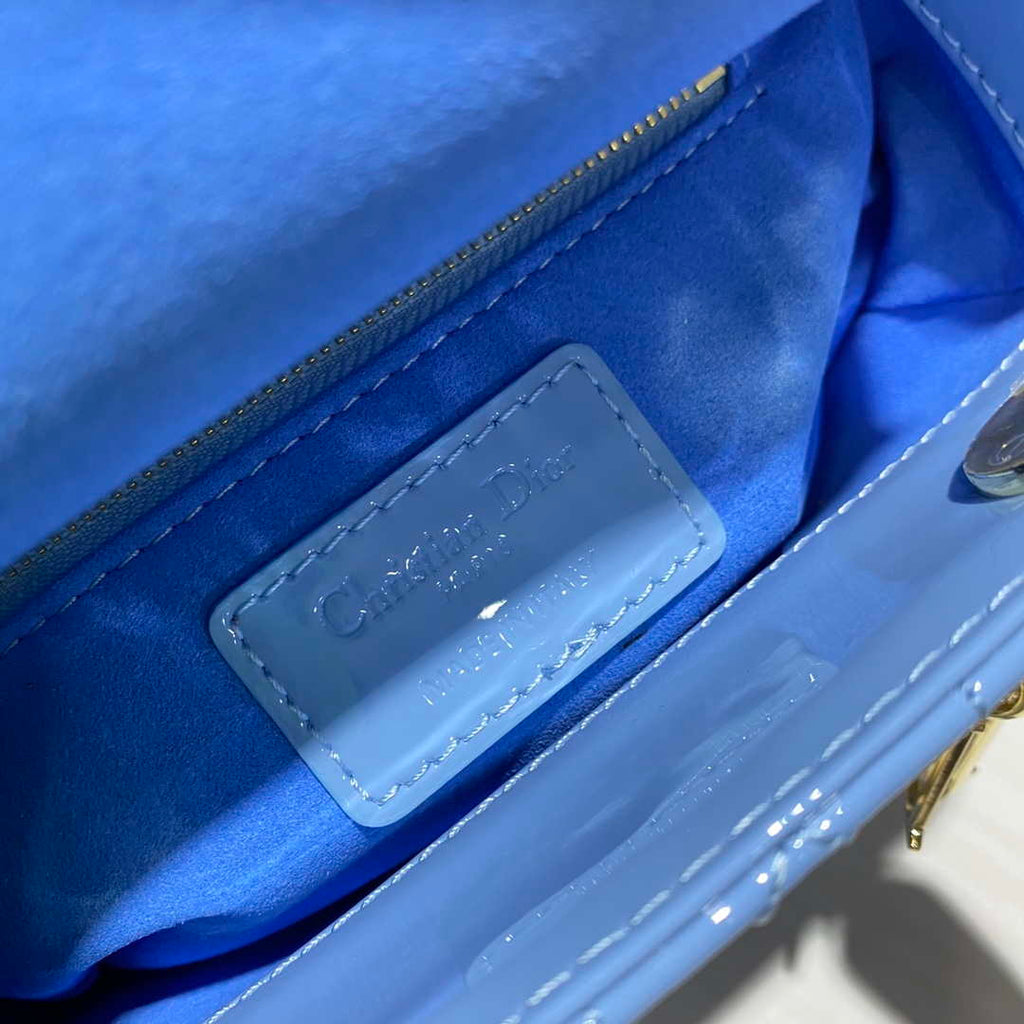 Dior M0505 Mini Lady Dior Bag chrysanthemum Blue Patent Cannage Calfskin