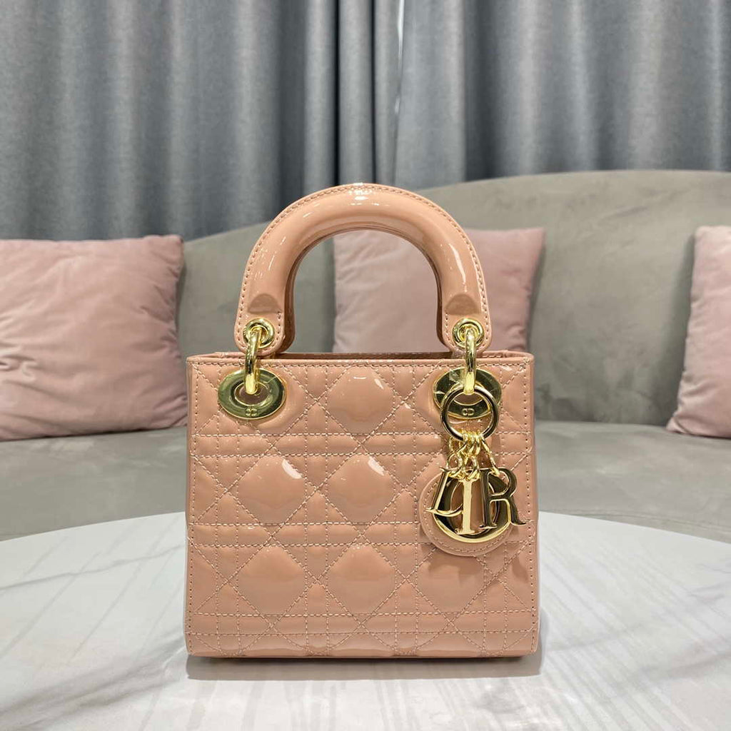 Dior M0505 Mini Lady Dior Bag Nude Patent Cannage Calfskin