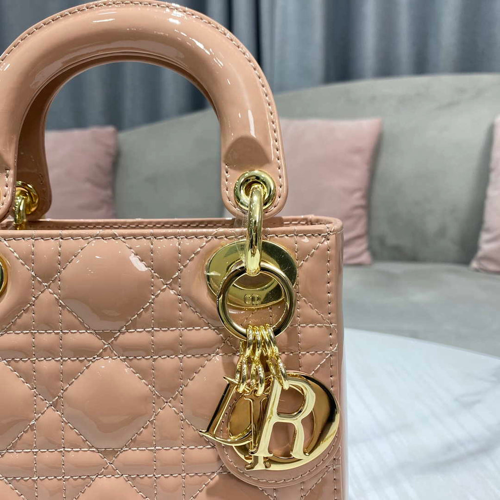 Dior M0505 Mini Lady Dior Bag Nude Patent Cannage Calfskin