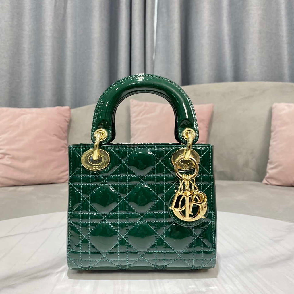 Dior M0505 Mini Lady Dior Bag Dark Green Patent Cannage Calfskin