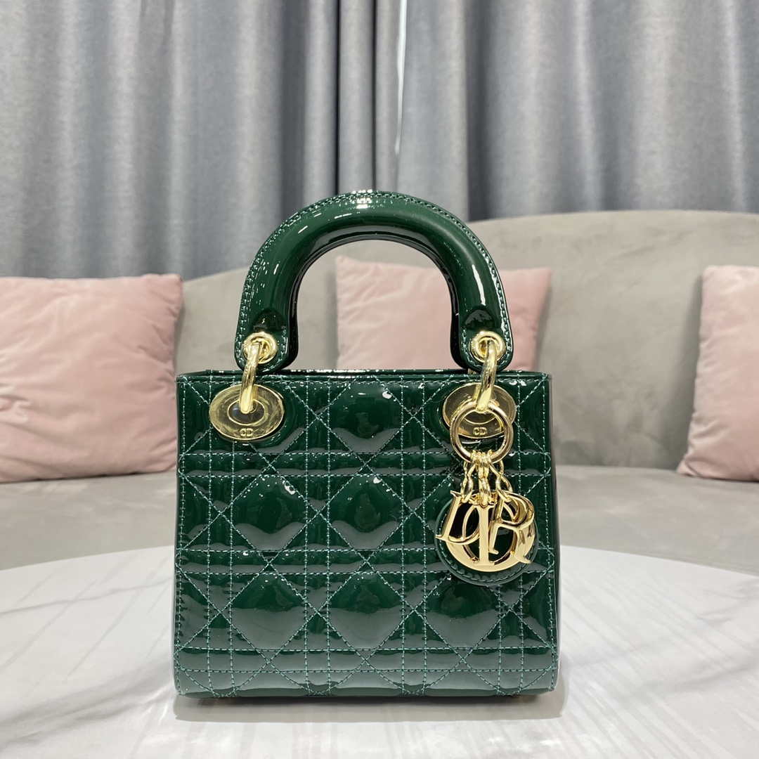 Dior M0505 Mini Lady Dior Bag Dark Green Patent Cannage Calfskin