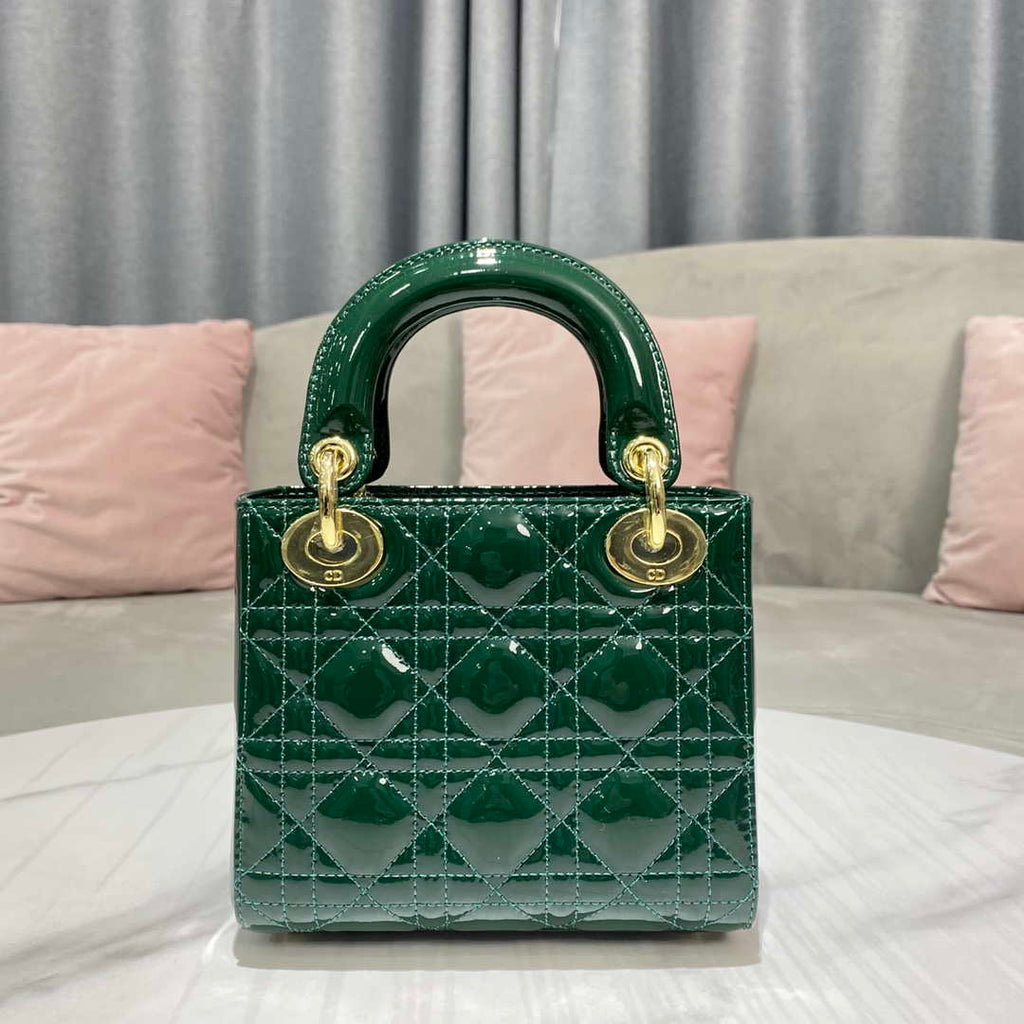 Dior M0505 Mini Lady Dior Bag Dark Green Patent Cannage Calfskin