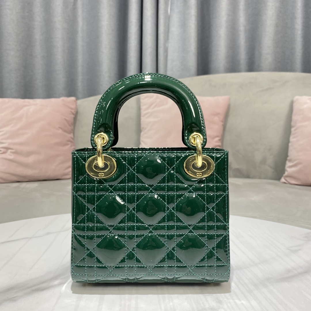 Dior M0505 Mini Lady Dior Bag Dark Green Patent Cannage Calfskin