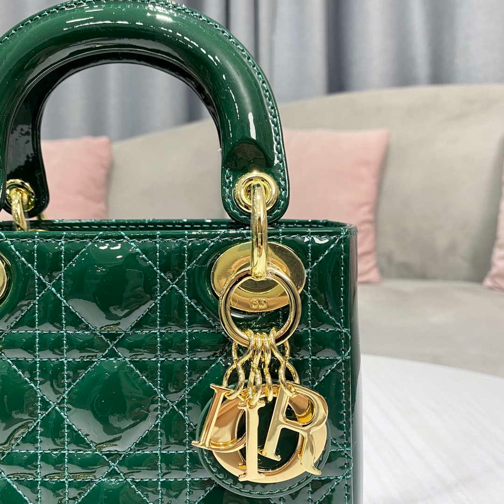 Dior M0505 Mini Lady Dior Bag Dark Green Patent Cannage Calfskin
