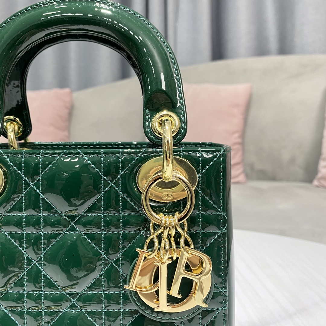 Dior M0505 Mini Lady Dior Bag Dark Green Patent Cannage Calfskin
