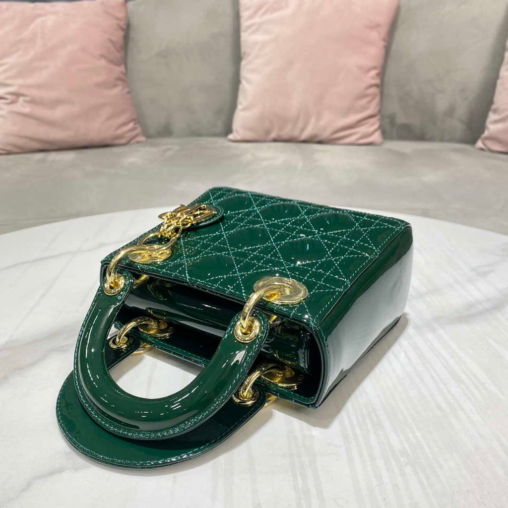Dior M0505 Mini Lady Dior Bag Dark Green Patent Cannage Calfskin