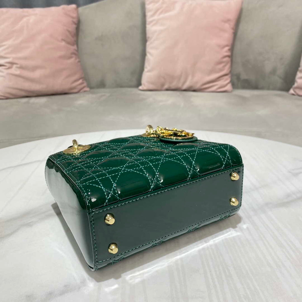 Dior M0505 Mini Lady Dior Bag Dark Green Patent Cannage Calfskin