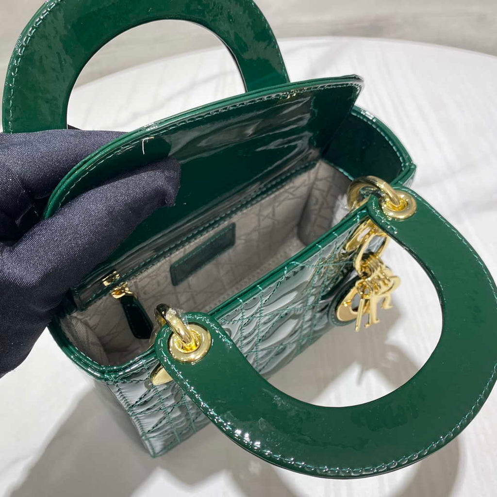 Dior M0505 Mini Lady Dior Bag Dark Green Patent Cannage Calfskin