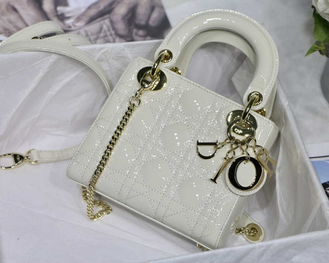 Dior M0505 Mini Lady Dior Bag White Patent Cannage Calfskin - Default Title - View 1
