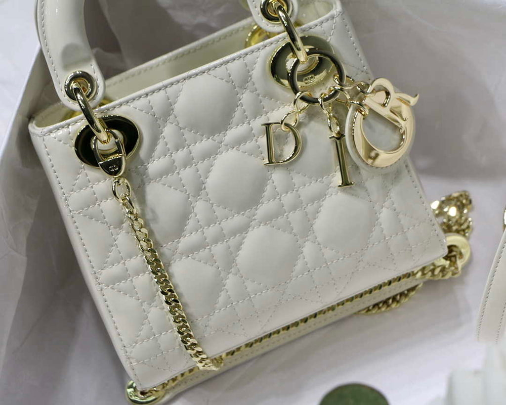 Dior M0505 Mini Lady Dior Bag White Patent Cannage Calfskin